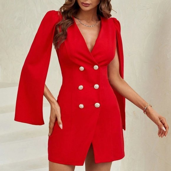 Classy Cloak Sleeve Double Breasted Placket Blazer Mini Dress Red - Picture 2 of 5